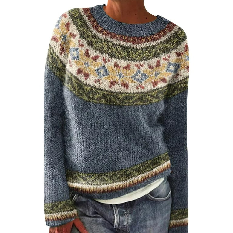 AJHSAKLt Pullover Sweaters for Women Knitted Isle Print Retro Sweater Casual Loose Crewneck Long ... | Walmart (US)