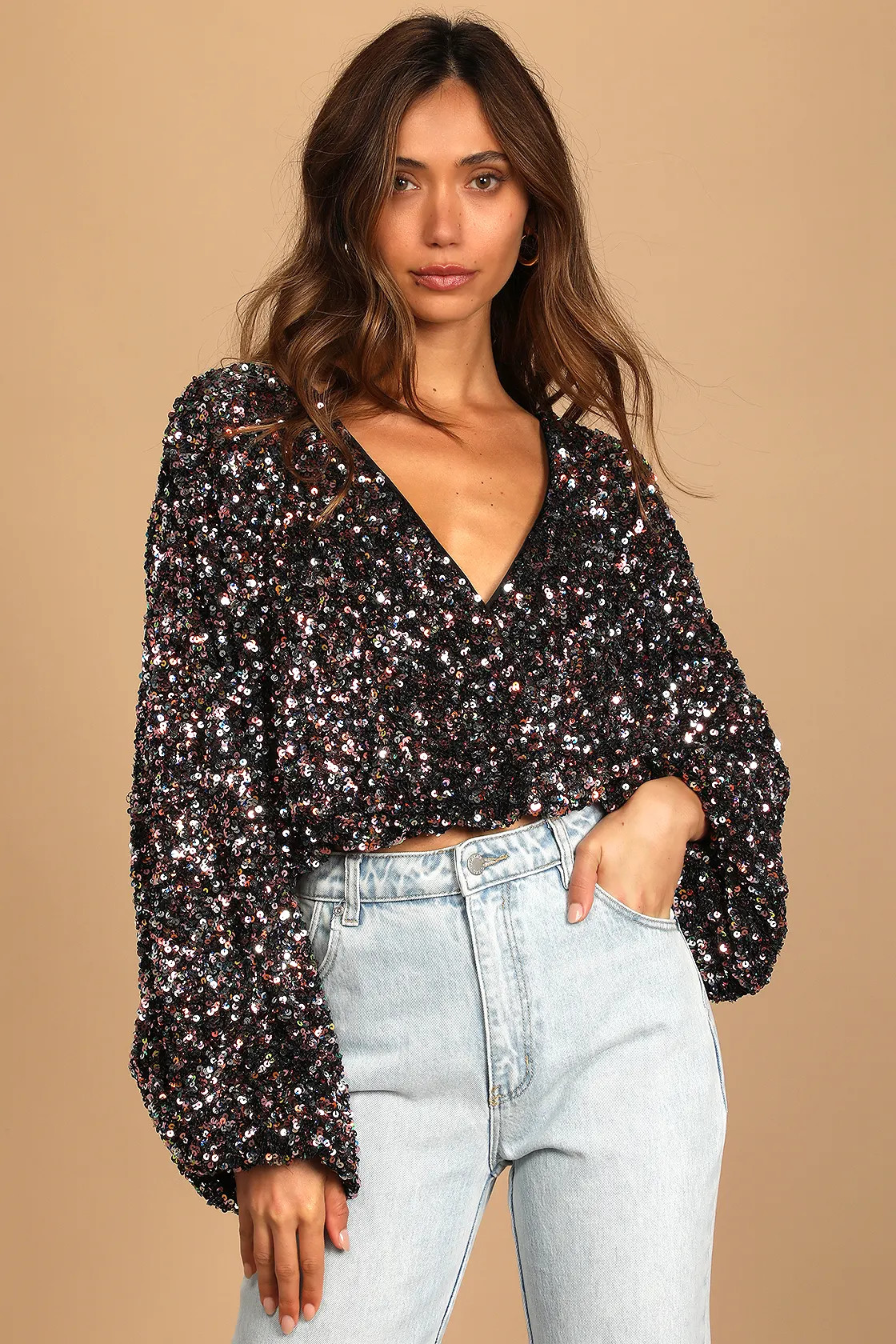 Keep Dazzling Pink Multi Sequin Long Sleeve Crop Top | Lulus