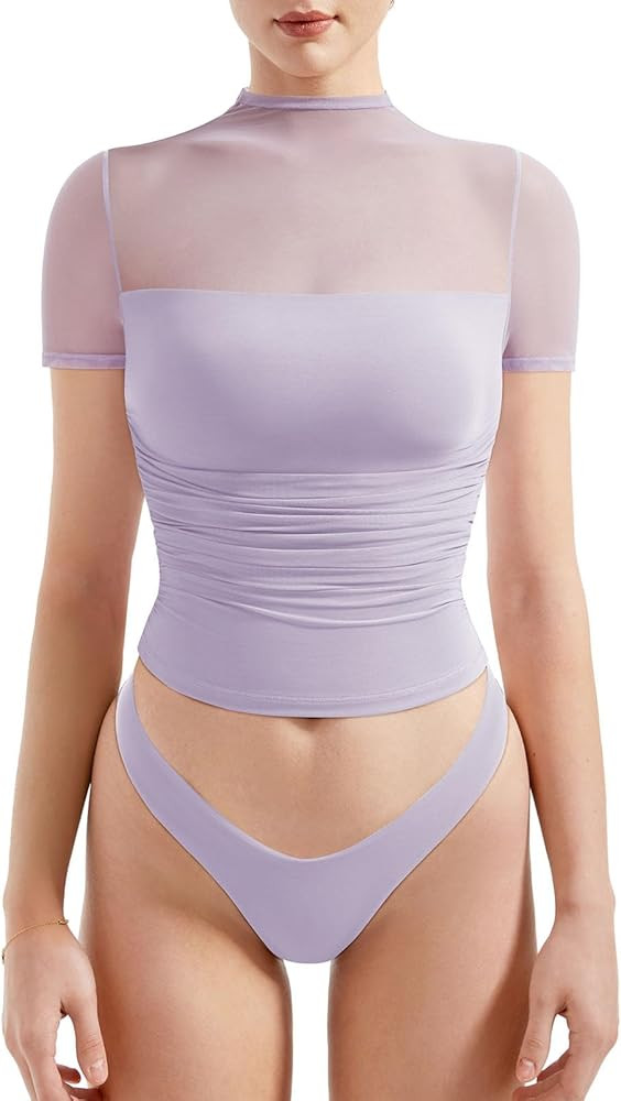 SUUKSESS Women Sexy Mesh Sheer Short Sleeve Tops Mock Neck Ruched Going Out Shirts | Amazon (US)