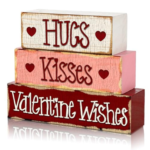 Burbell 3 Pcs Valentine Table Decoration Signs Tiered Tray Valentine Wooden Love Blocks Heart Wood Freestanding Decor for Farmhouse Centerpiece Wedding Gift(Classic Style) | Amazon (US)