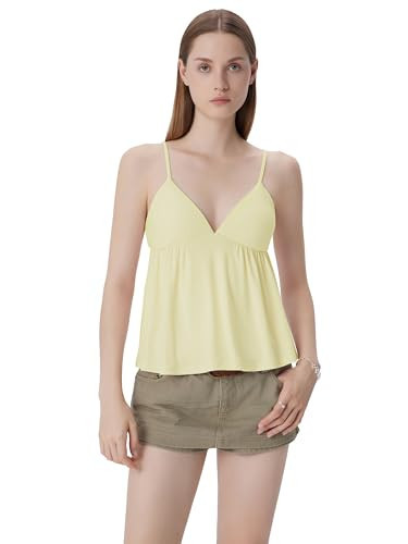 SUUKSESS Women V Neck Babydoll Tank Tops with Built in Bra Summer Cute Peplum Cami Going Out Tops(Yellow XS) | Amazon (US)