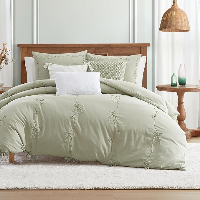 Peri Home Bows Bedding Cottage Core 100% Cotton 3-Piece Comforter and Sham Set, Full/Queen, Green... | Amazon (US)