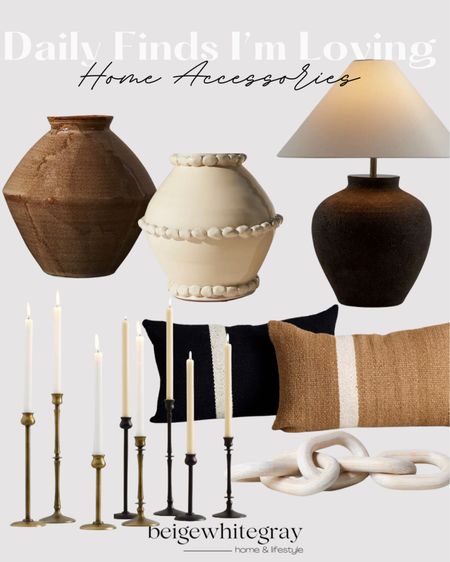 Home accessories I’m loving!! These beautiful textured throw pillows are everything and these vases are the perfect shape!! Love the Pottery Barn taper candle holders In Both bronze and black and the chain link is a favorite I have it in my home!! Everything is linked here! Beigewhitegray 

#LTKhome #LTKSeasonal #LTKstyletip