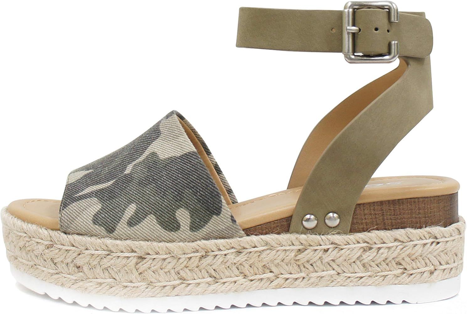 Soda Topic Open Toe Buckle Ankle Strap Espadrilles Flatform Wedge Casual Sandal | Amazon (US)