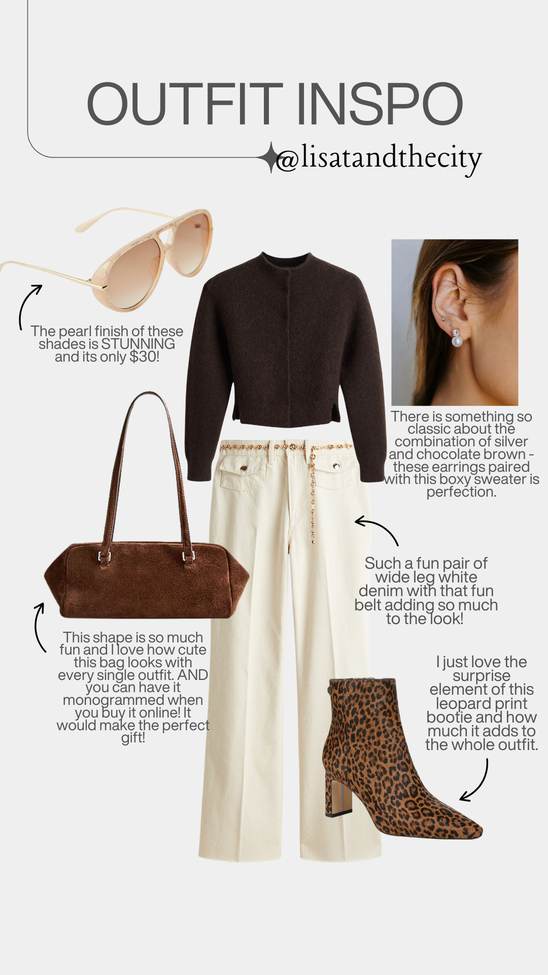 This chic neutral outfit is giving all the fall vibes — from the boxy chocolate brown sweater to the wide-leg cream denim and statement leopard booties. I love how the metallic belt and pearl-finish sunglasses add just the right amount of shine!

👜 Bonus: this adorable bag can be monogrammed online — the perfect holiday gift idea!

#ltkfashion #ltkwomenstyle #ltkitgirlstyle #ltkfallfashion #ltktrending #ltkneutralstyle #ltkleopardprint #ltkwomenover40 #ltkchicstyle #ltkstyleinspo #ltkwinteroutfit 

 

#LTKGiftGuide #LTKSeasonal #LTKOver40