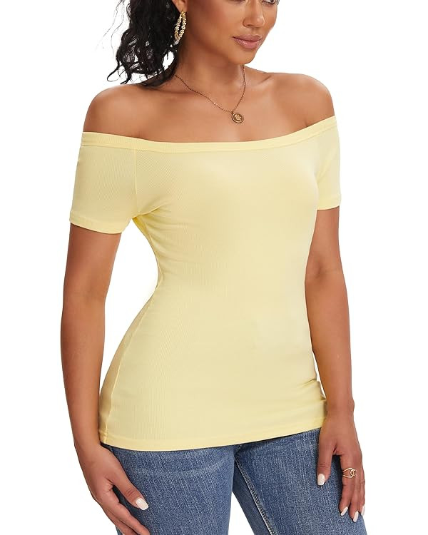 ASAIR Off Shoulder Tops for Women Boat Neck T Shirts Short Sleeve Ribbed Basic Trendy Stretchy To... | Amazon (US)