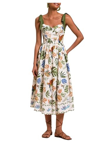 Floerns Women's Summer Tie Shoulder Midi Dress Tropical Smocked Ruffle Vacation Dresses | Amazon (US)