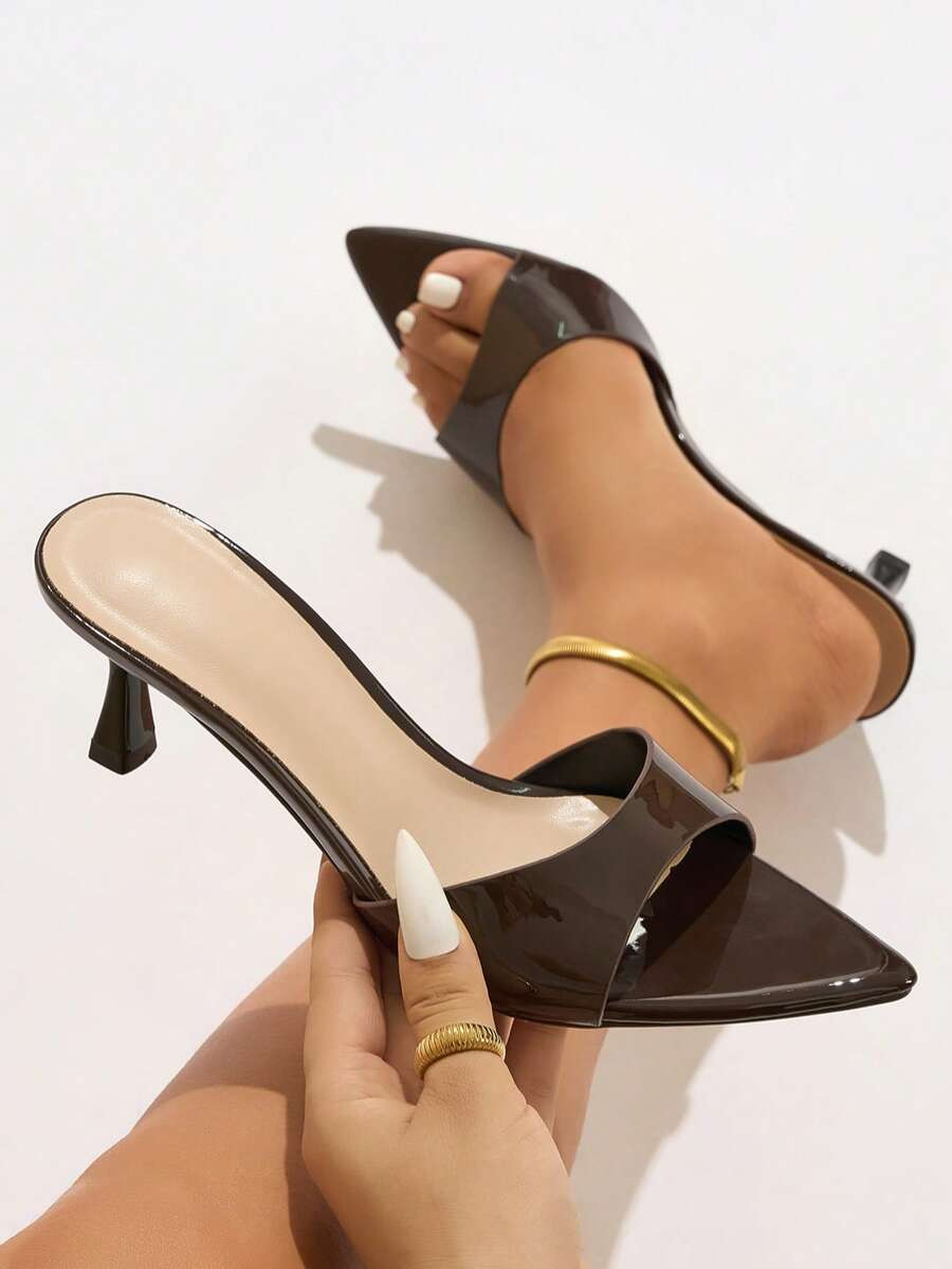 Sandalias de tacón alto elegantes de verano para mujer, mule sexy de cintura ceñida con tira ancha, zapatos de punta fina y punta abierta con tacón kitten bajo versátiles y de moda, para primavera verano, discoteca, fiesta, pasarela, casual, hogar, exterior, cita, compras, viajes, estilo vanguardista, sandalias de tacón alto con textura suave efecto espejo color marrón café, regalo para el Día de San Valentín, Día de la Mujer, Acción de Gracias y temporada festiva para mujer | SHEIN