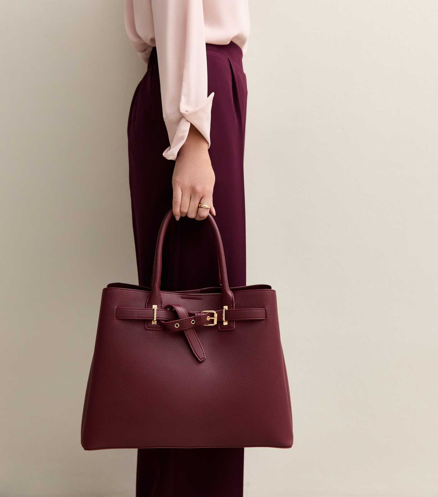 Dark Burgundy Faux Leather Buckle Strap Tote Bag | New Look | New Look (UK)