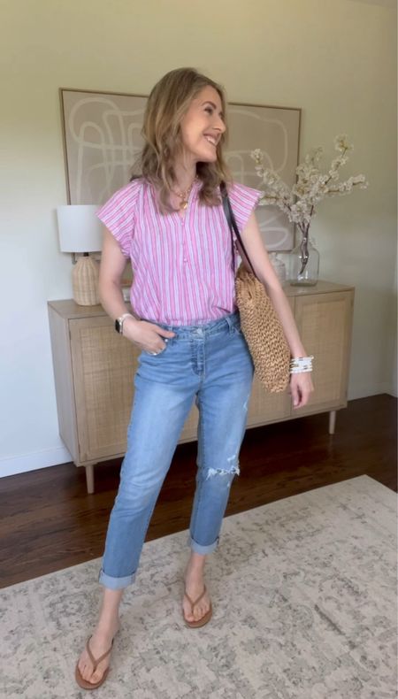 Walmart outfit idea, Memorial Day weekend outfit inspo! I wish the armholes were a bit smaller on this top but I’ve worn it anyways, it’s so cute and reminds me of Madewell or JCrew. Fabric is a tiny bit rough. Jeans are comfy relaxed fit, fit tts. #walmartfashion 

#LTKOver40 #LTKFindsUnder50 #LTKStyleTip