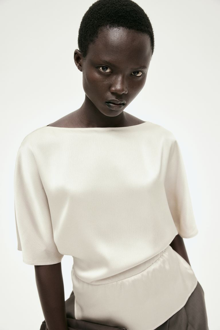 Tapered-waist Blouse - Boat Neck - Short sleeve - Light beige - Ladies | H&M US | H&M (US + CA)