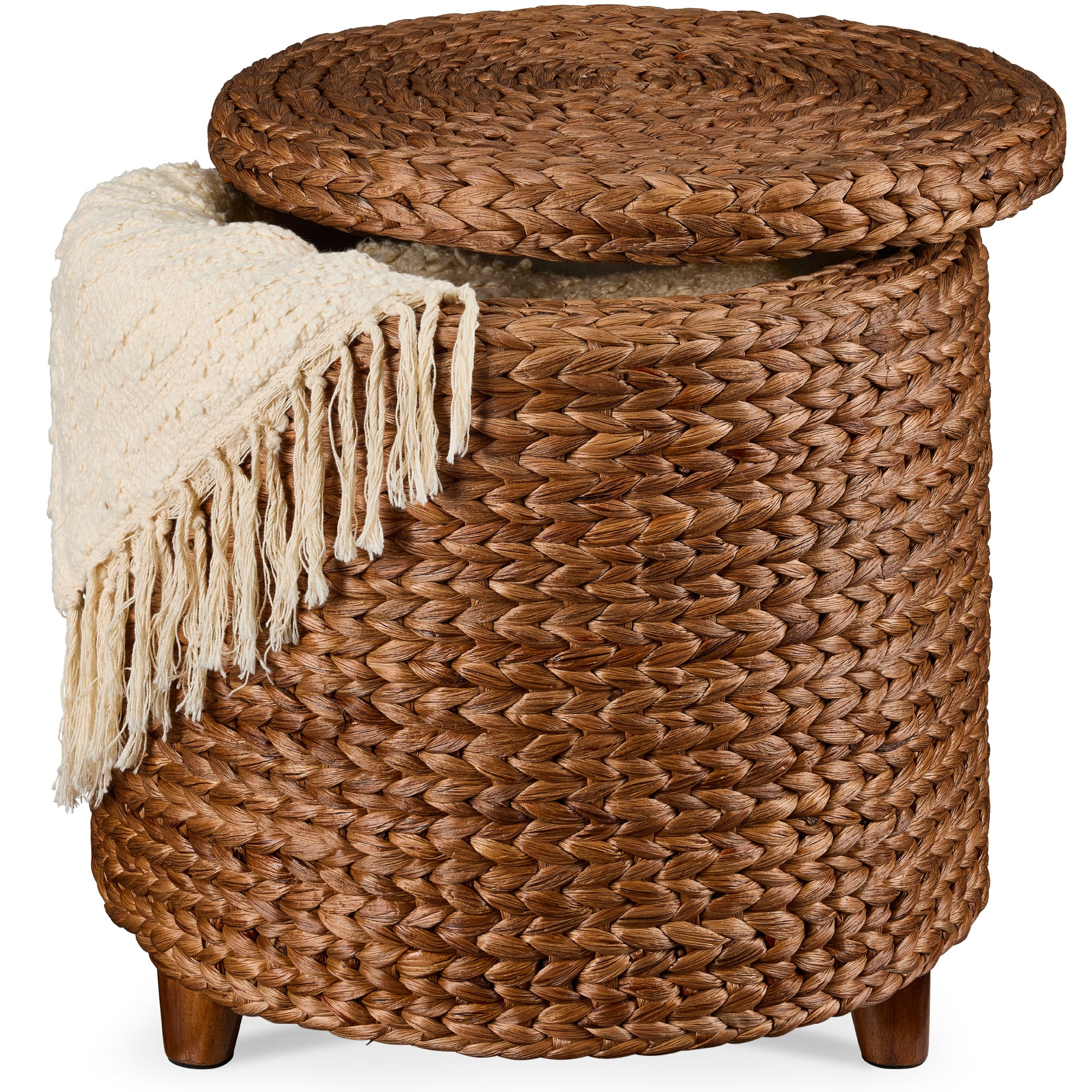17" Round Storage Ottoman with Lid, Handwoven Water Hyacinth Footstool | Best Choice Products 