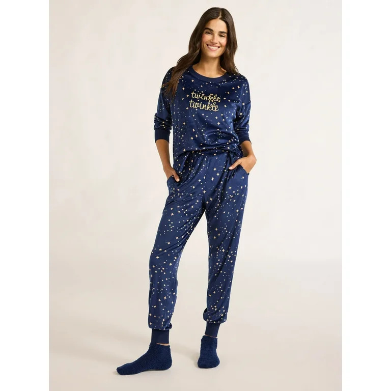 Joyspun Women's Stretch Velour Pajama Set with Socks, 3-Piece, Sizes XS-3X | Walmart (US)