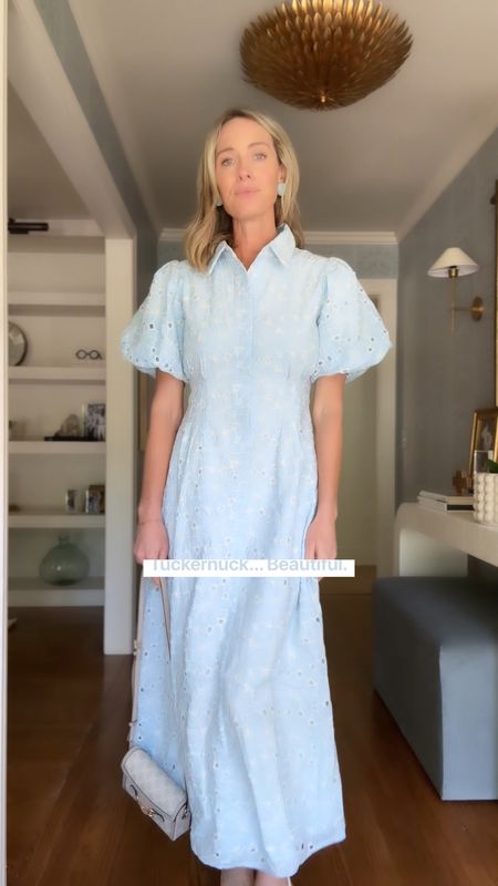 Found a good one! This dress from @tuckernuck checks so many boxes. From the length, color, button front, puff sleeve… it all works. And a very classic purchase that will be worn for years 💙 size small! #tuckernucking #tuckernuckpartner 

#LTKstyletip #LTKVideo