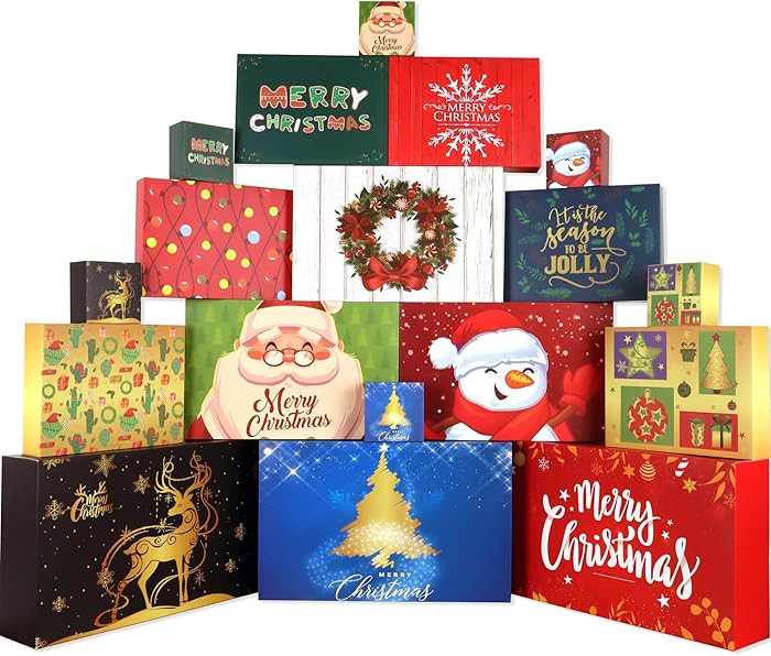 Giiffu 18 Christmas Cardboard Gift Boxes with Lids, 12 Designs and 4 Sizes with Gift Stickers, As... | Amazon (US)