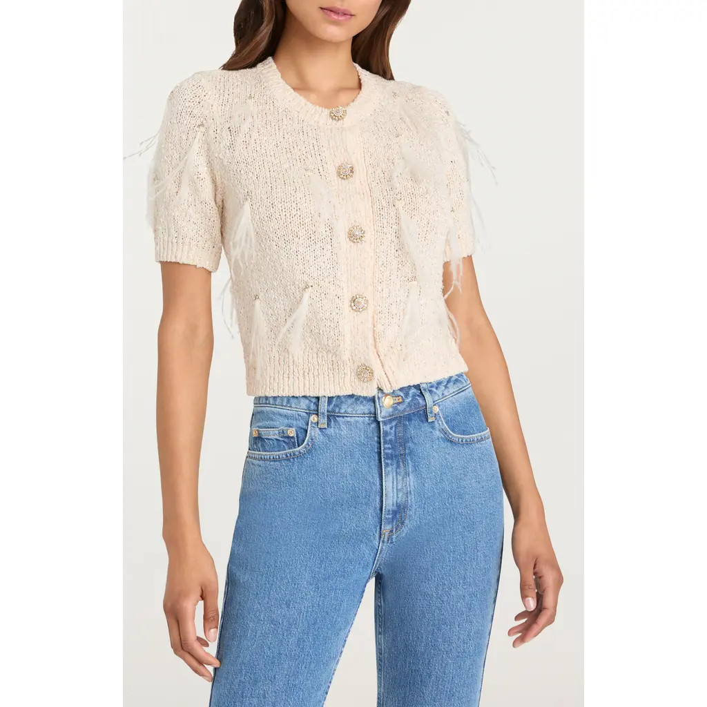 Cinq à Sept Coralie Embellished Short Sleeve Cardigan in Natural/Sequin at Nordstrom, Size Small | Nordstrom