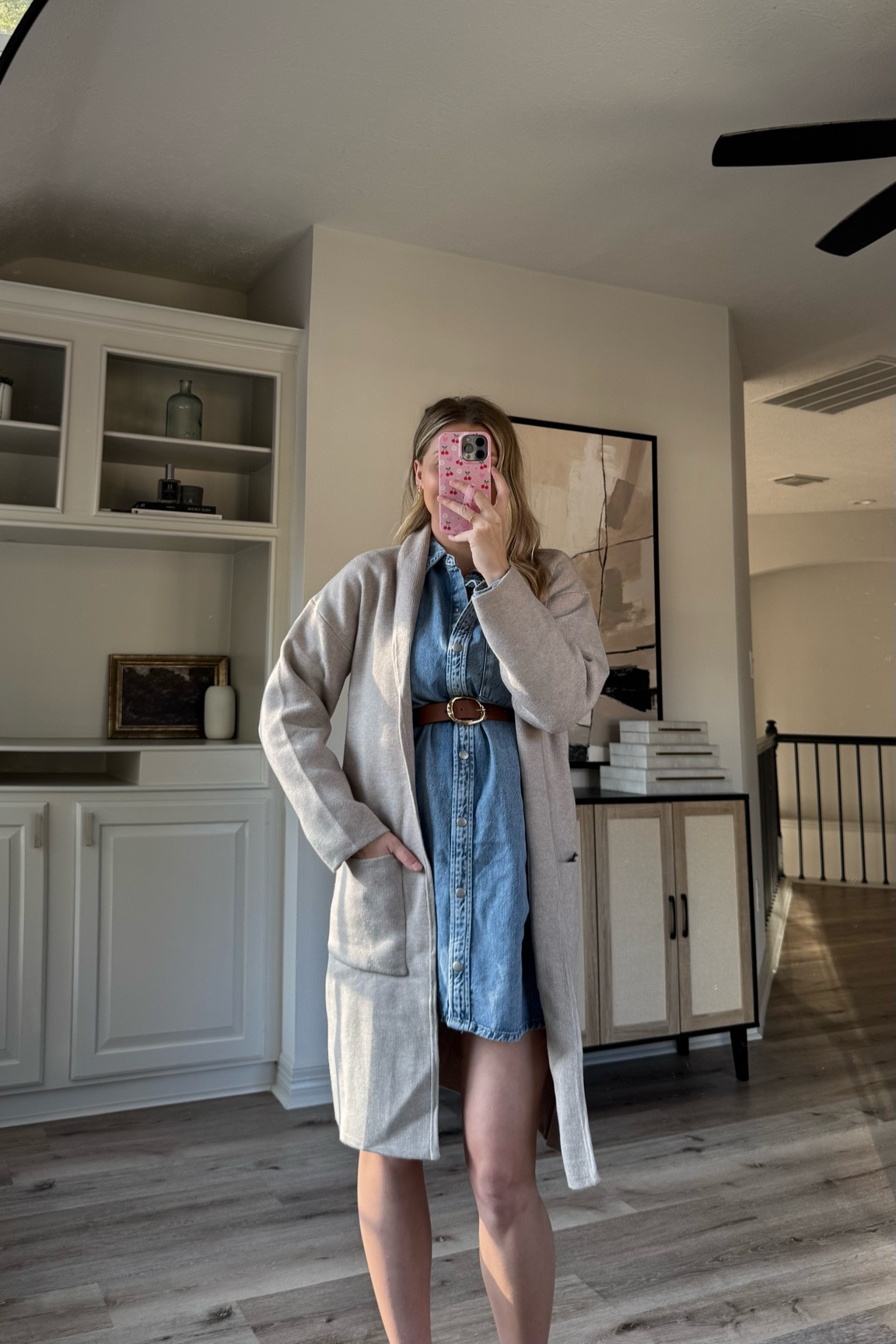 Bump friendly winter outfit | wearing a size M in denim dress and M in cardigan! 

#LTKBump #LTKStyleTip