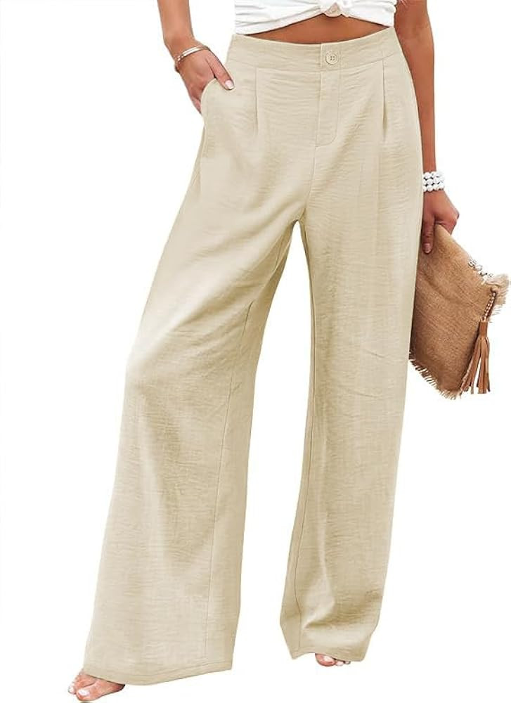 Womens Casual Linen High Waist Wide Leg Pants Palazzo Boho Flowy Beach Vacation Lounge Trousers w... | Amazon (US)