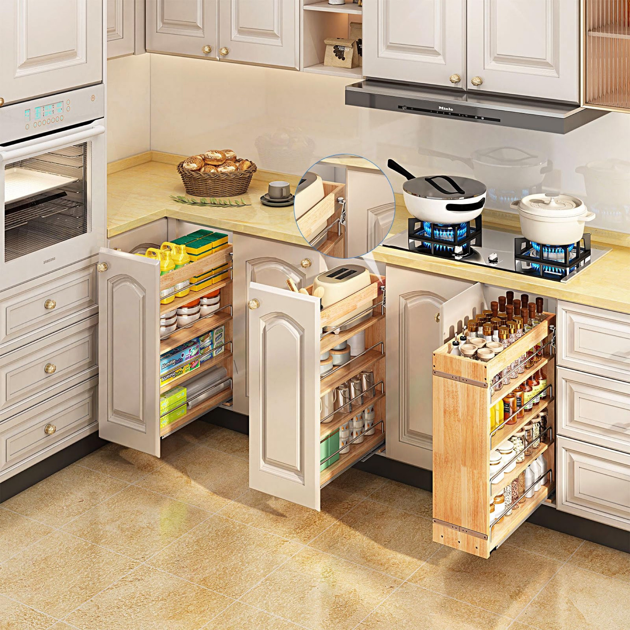 High-quality heavy duty 3-section full-extention ball bearing slide out system, soft slides, make it pull-out / push-in quietly & smoothly all the way! You can easy to organizer, storage, aceess all the item you want with this spice rack pull out cabinet organizer.
※ 【Stable】This slide out spice rack cabinet organizer design with side anti-swing wheel easily solves the problem of unstable and shaking issue, prevents your spices, snacks, bottles, cans, or other items from falling off!
※ 【Durable ＆ Easy-matching】surface waterproofing treatment and excellent texture solid wood material let this sliding cabinet organizer shelves elegant and very durabel, this pullout spice rack's oak wood color can perfectly match any style of cabinet! Pull out spice rack cabinet can hold up 100 lbs.
※ 【Large Storage Space】This spice rack organizer size is 8" W x 21.9" D x 25.2" H, require at lest 9"W cabinet net width opening (net width measure from the hinge), Minimum cabinet net depth: 23"D This pull out spice rack each layer can hold at least 21 jars spice / seasoning! Maximum save your space, keep your cabinets clean and tidy and stay away from clutter!

#LTKHoliday #LTKsalealert #LTKhome