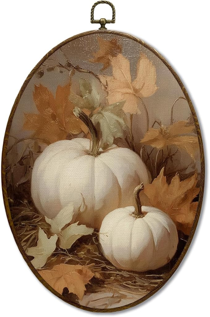 JQF Vintage Fall Pumpkin Oval Wall Art, Farmhouse Autumn Pumpkin Maple Leaf Oval Canvas Wall Art,... | Amazon (US)