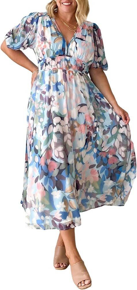 Sissyaki Women's Boho Floral Midi Dress Smocked Beach Flowy Dress | Amazon (US)