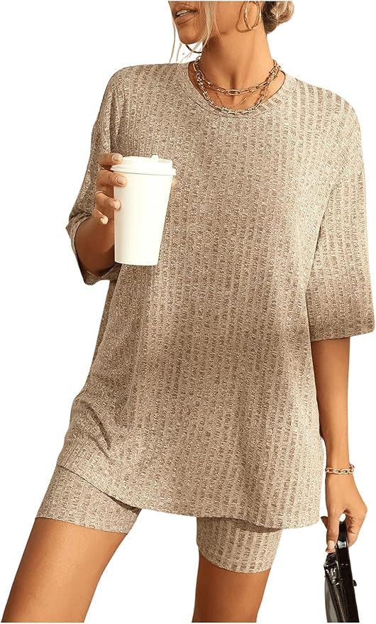 WDIRARA Women's 2 Piece Outfits Ribbed Short Sleeve Drop Shoulder Tee and Shorts Set Tracksuits | Amazon (US)