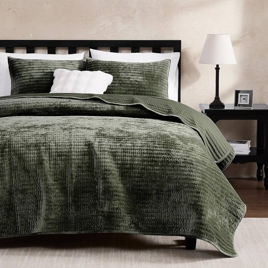 WDCOZY Velvet King Size Quilt Set - Olive Green Striped Pick Stitch Soft Lightweight Bedspread, C... | Amazon (US)