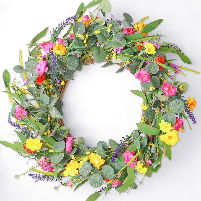 22'' Spring Wreath for Front Door - Daisy Artificial Flowers Summer Wreath with Natural Vine for ... | Amazon (US)