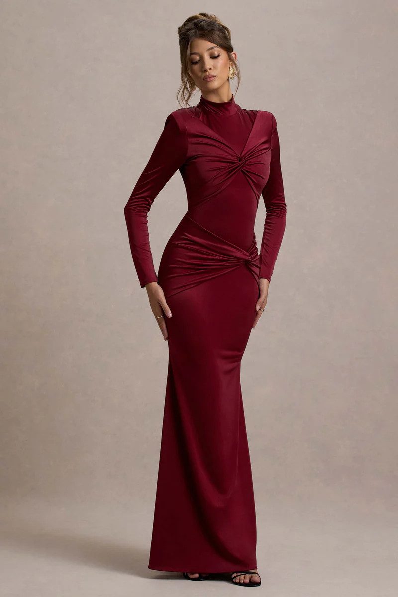 Noya  Berry Long-Sleeve Ruched Maxi Dress | Club L London