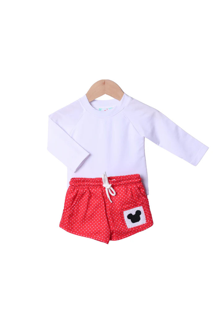 Mouse Red Bitty Dot Swim Trunks and Rash Guard | The Smocked Flamingo