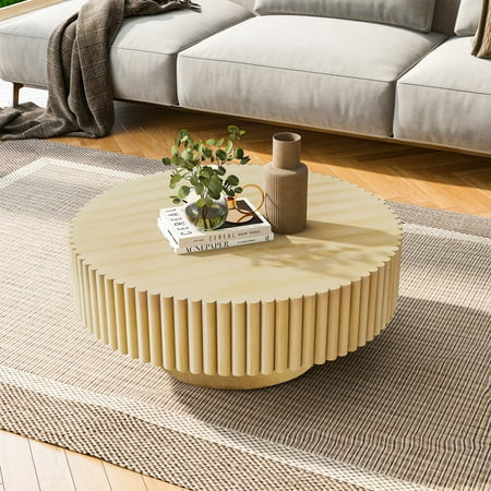 Noble House 31.5" Round Fluted Drum Coffee Table, Solid Wood Modern Center Table for Living Room, Natural | Walmart (US)