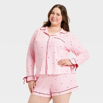 Women's Jersey Long Sleeve Notch Collar Shirt and Shorts Pajama Set - Auden™ Pink Striped 1X | Target