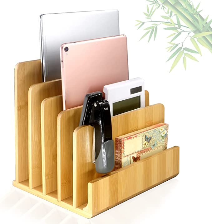 Desk File Paper Mail Organizer, Desktop Bamboo Wood 5 Slots File Folder, Countertop Sorter Holder... | Amazon (US)