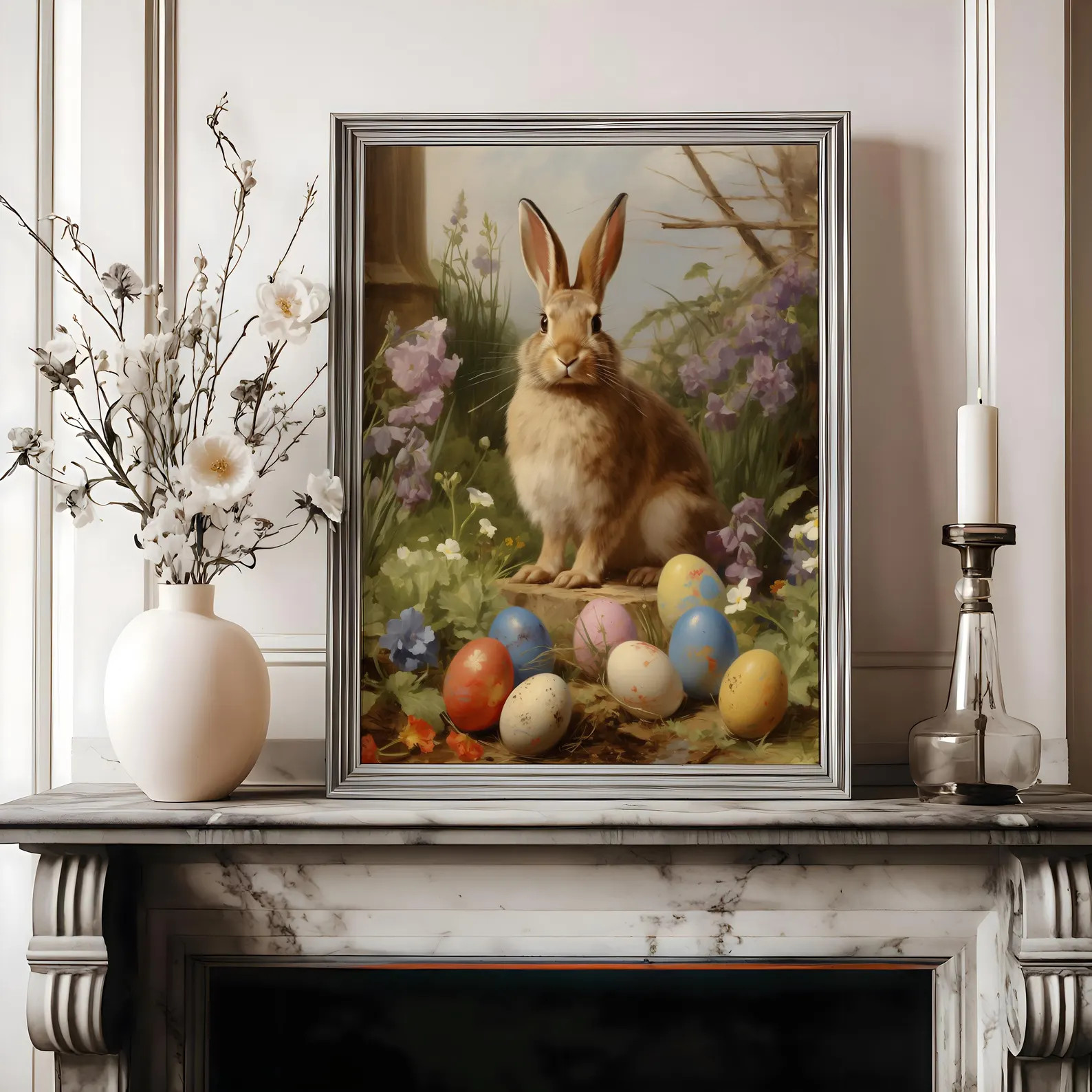 Easter Bunny With Eggs Print Vintage Bunny Wall Art, Spring Wild Landscape Art Moody Rustic Wild ... | Etsy (US)