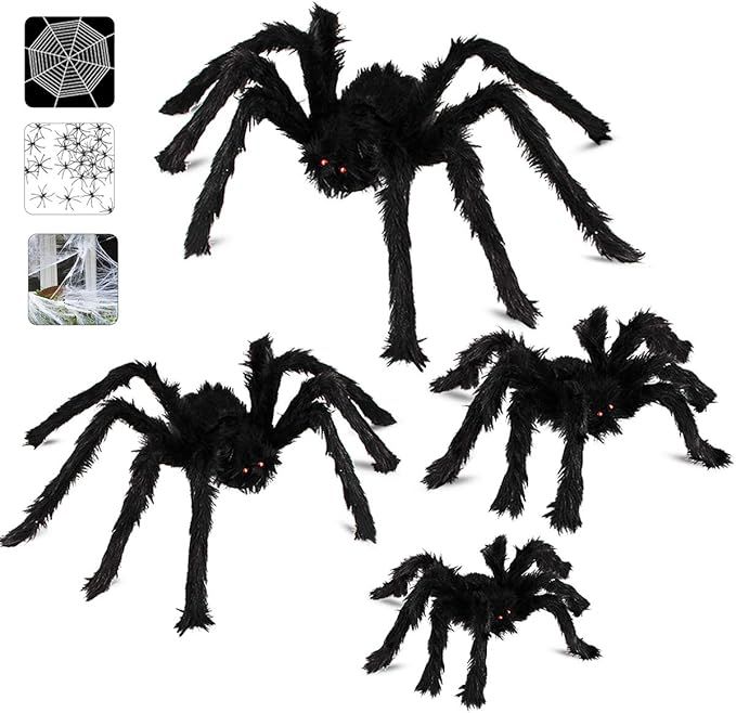 Halloween Spider Decorations, Aitey Halloween Scary Giant Spider Set with 4 Large Fake Spider, Sp... | Amazon (US)