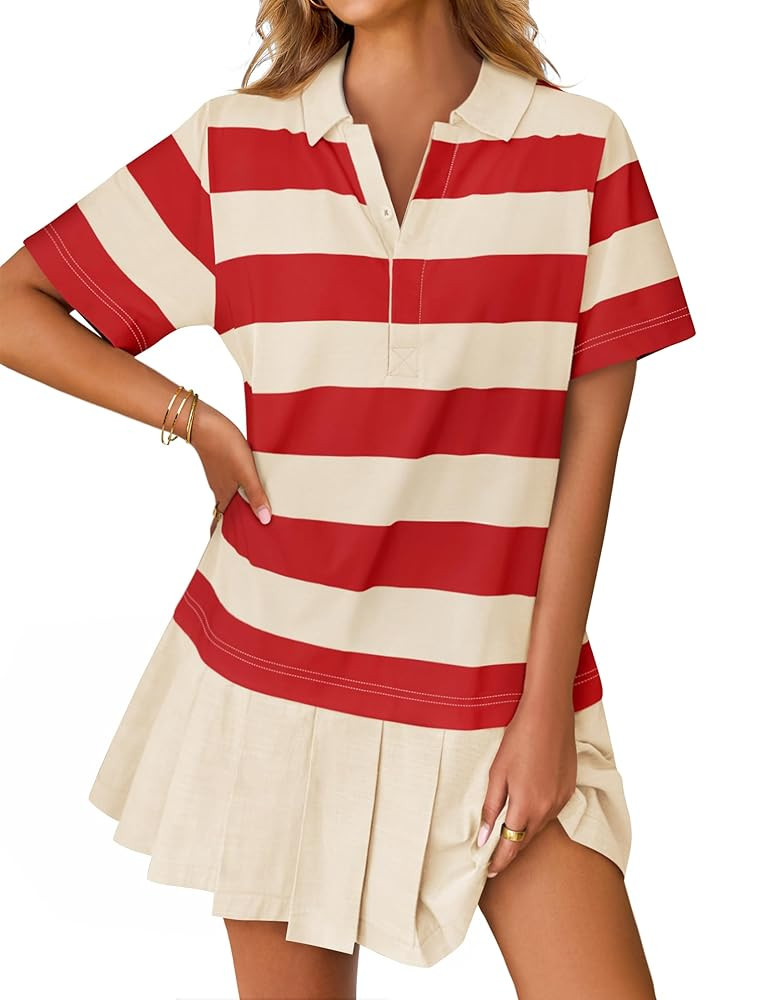 ZESICA 2025 Women's Casual Short Sleeve Tunic Shirt Dress Summer Striped V Neck Pleated Y2K Mini ... | Amazon (US)