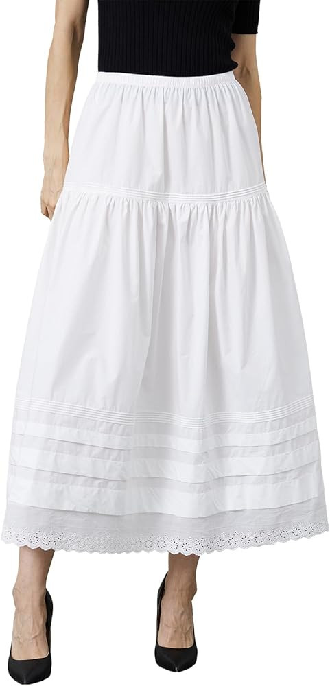 100% Cotton Women White Maxi Skirt Elastic Waist Peasant A Line Flowy Swing Lace Skirt Dress No L... | Amazon (US)