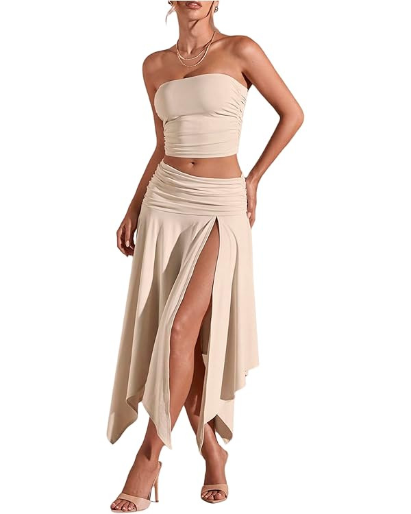 Floerns Women's 2 Piece Outfit Slit Asymmetrical Hem Midi Skirt Ruched Strapless Tube Top Set | Amazon (US)