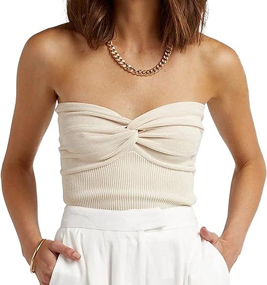 Amazon.com: Womens Strapless Crop Top Sexy Sweetheart Neck Ribbed Knit Twisted Knot Front Scoop U... | Amazon (US)