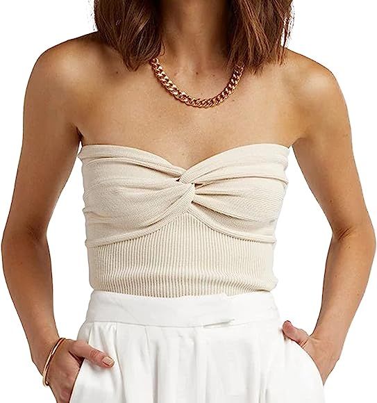 Amazon.com: Womens Strapless Crop Top Sexy Sweetheart Neck Ribbed Knit Twisted Knot Front Scoop U... | Amazon (US)