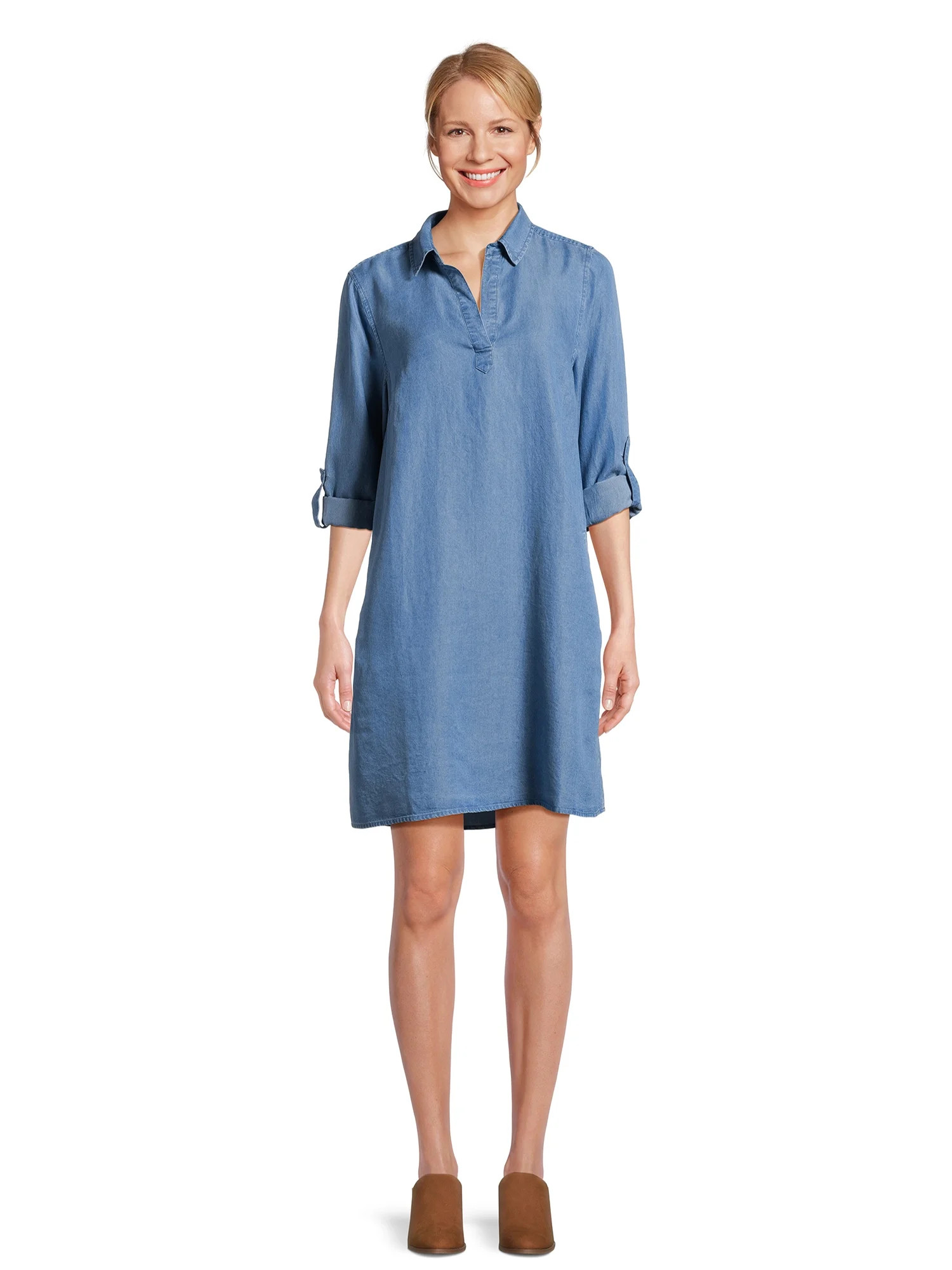 Time and Tru Women's Mini Shirt Dress with Sleeves, Sizes XS-3XL | Walmart (US)