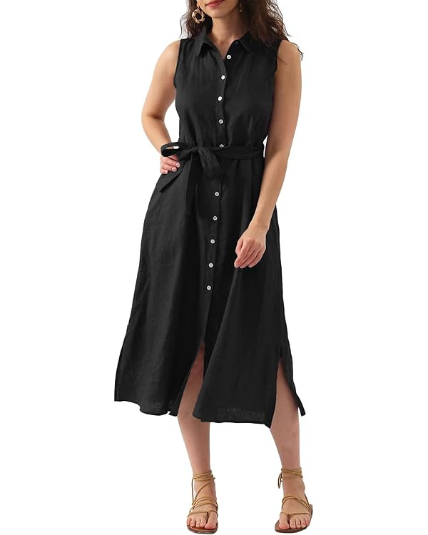 Amazhiyu Womens Pure Linen Summer Button Down Midi Dresses with Pockets and Belt Black, Small at ... | Amazon (US)