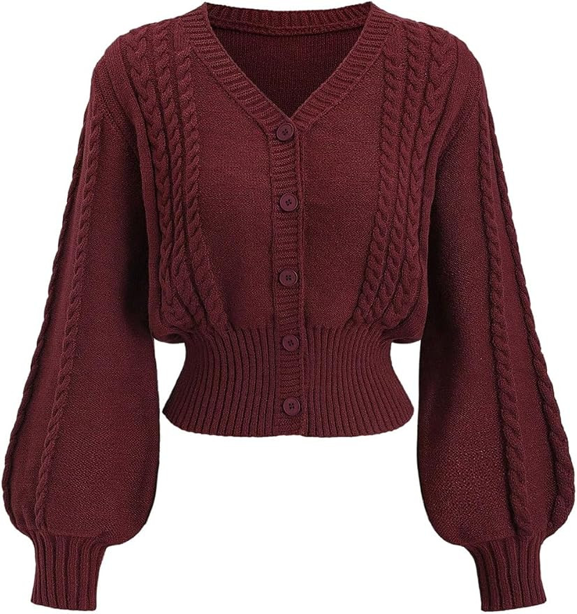 SHENHE Women's Fall Cardigan Sweaters Button Up Lantern Sleeve V Neck Cinched Waist Crop Sweaters | Amazon (US)