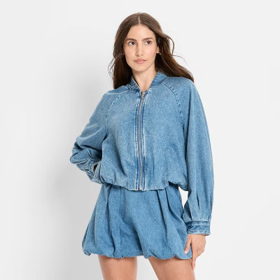 Women's Denim Bubble Bomber Jacket - Future Collective Blue Denim L | Target