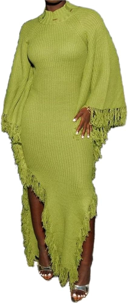 LETSVDO Women's Fringe Sweater Dress Long Sleeve Bodycon Batwing Knit Mock Neck Slit High Low Par... | Amazon (US)