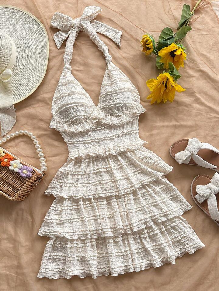 Soleia Women's Ivory Knit Textured Fabric Mini Dress, Ruffled Tie Neck, Suitable For Vacation, Party, Date, Valentine's Day Afternoon Tea, Holiday, Beach, Spring/Summer Cruise, Music Festival, Boho | SHEIN