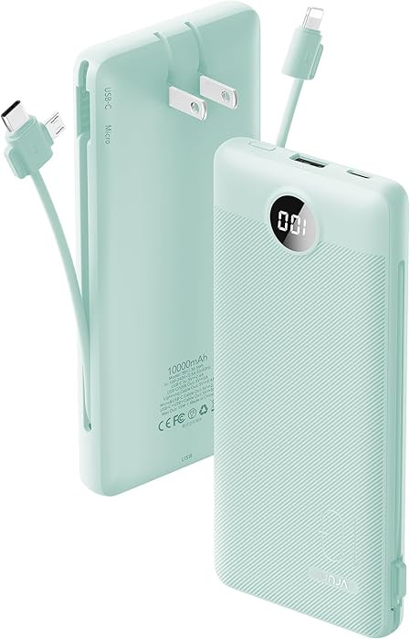 VRURC Portable Charger Built-in Cables and AC Wall Plug, USB C Power Bank 10000mAh, Travel Batter... | Amazon (US)