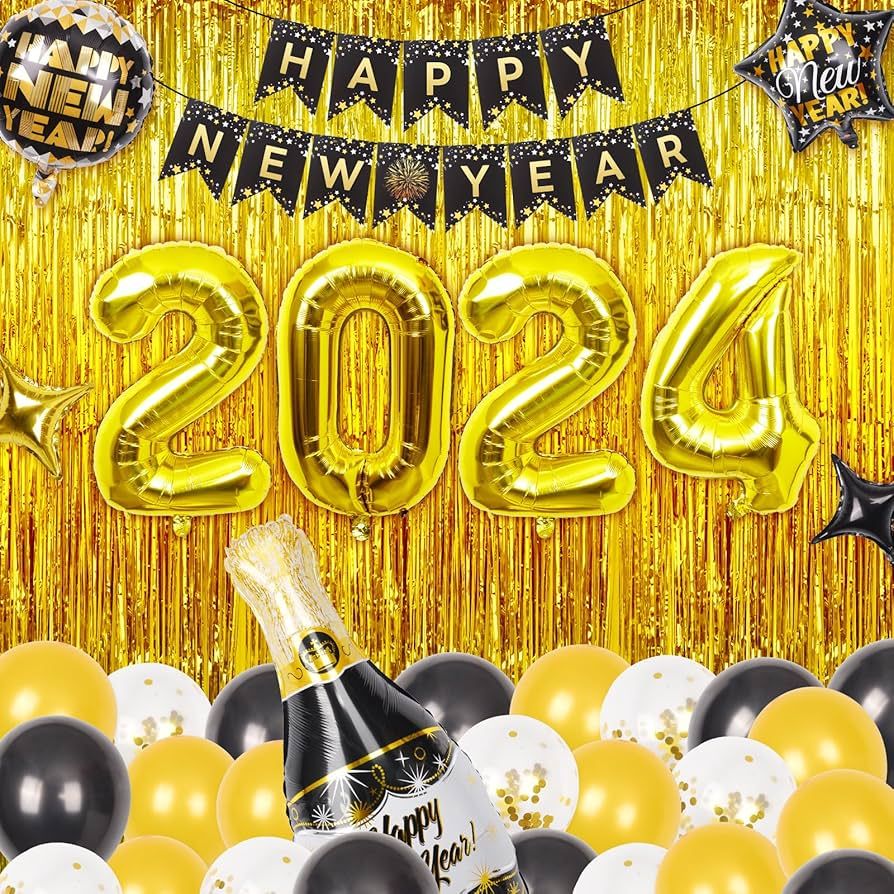 ZMENCY New Years Eve Party Supplies - Happy New Year Decorations 2024, Black and Gold Balloon Dec... | Amazon (US)