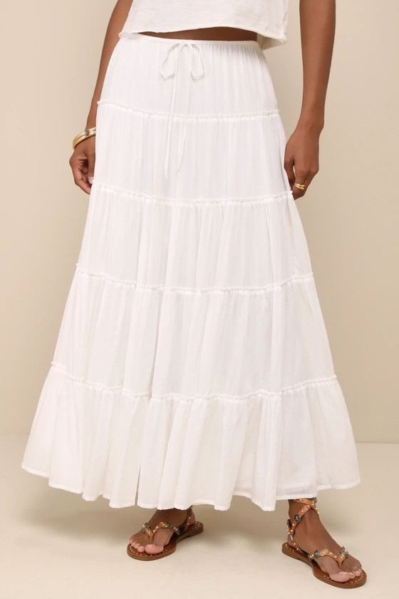Relaxed Charm White Gauzy Tiered Drawstring Maxi Skirt | Lulus