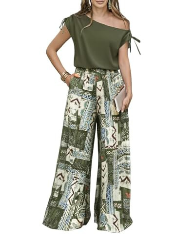 CHICME Women Summer 2 Piece Outfits Drawstring Cold Shoulder Top Floral Print Wide Leg Pants Sets Travel Vacation Matching Set-ag-S | Amazon (US)